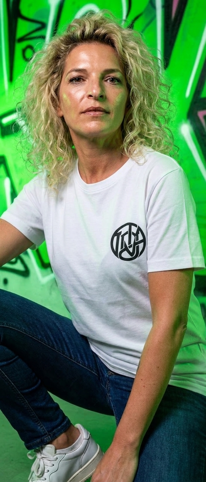 T-shirt blanc logo cercle — face graffiti néon