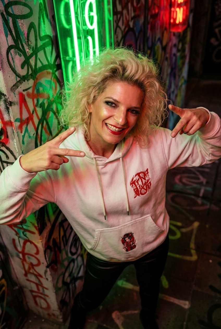 Sweat capuche custom Doki-Shu — vue portée néons